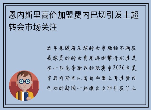 恩内斯里高价加盟费内巴切引发土超转会市场关注 恩内斯里高价加盟费内巴切引发土超转会市场关注